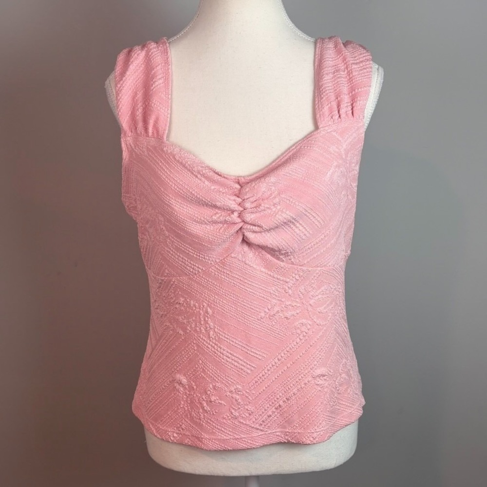 VTG Y2K Womens Pink Floral Textured Cap Sleeve Sweatheart Neck Top XL Coquette